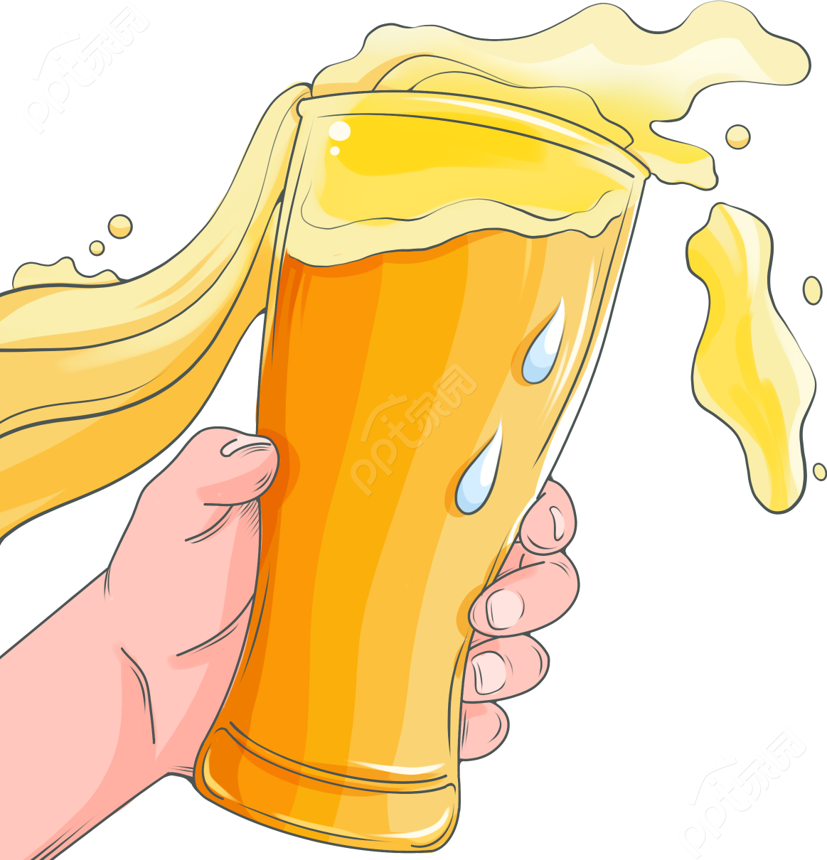 卡通手绘饮品店新品促销手拿酒杯透明底免抠图片素材