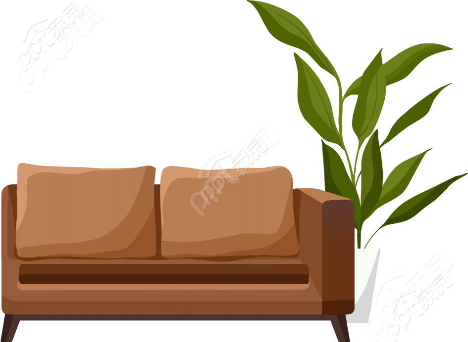 简约手绘棕色双人沙发绿植盆栽图片免抠素材